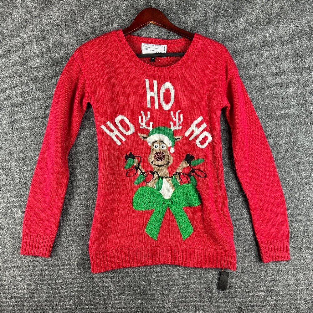 Sweater Womens Small Ugly Christmas Xmas Red Light Up Ho Ho Ho Reindeer flaw